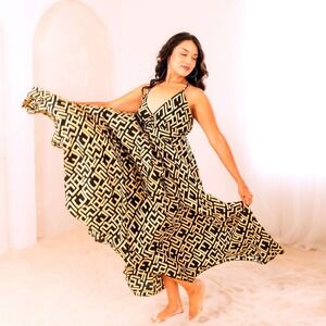 Vacation Dress Gold Black Geometric Print Sleeveless Party Maxi Dress Size 1X